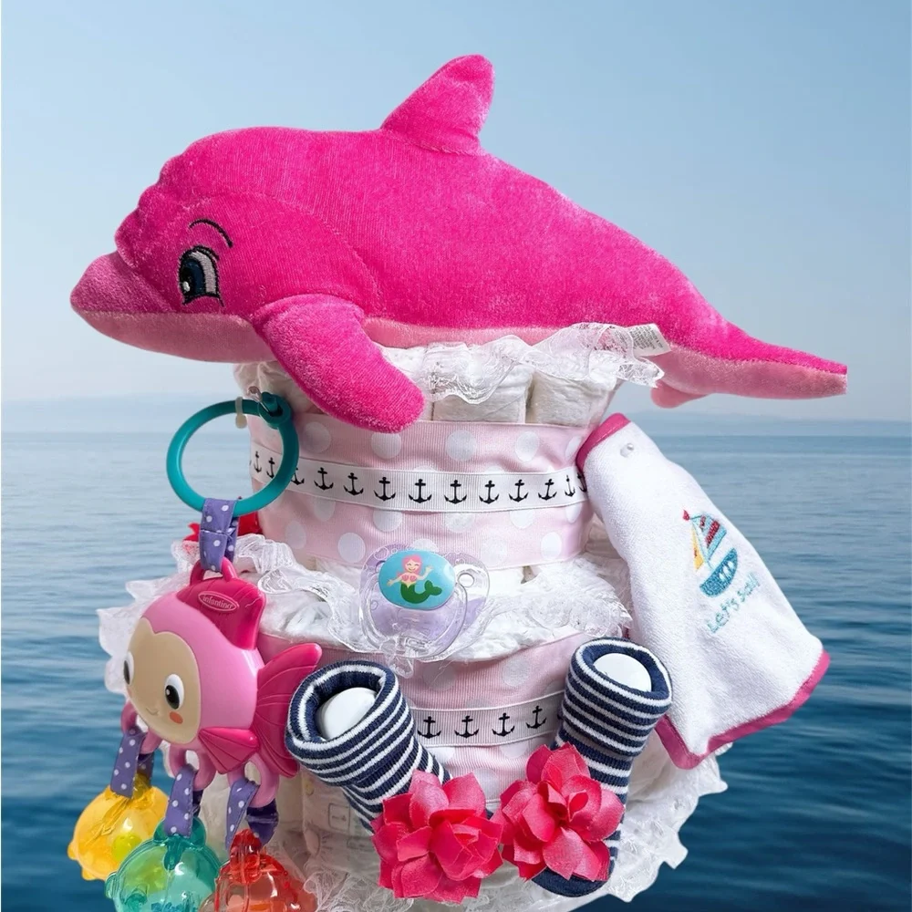 Nautical Dolphin Baby Girl Diaper Cake